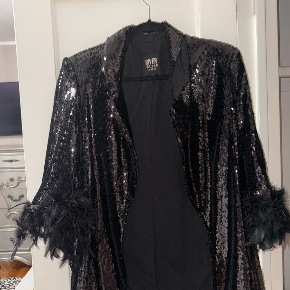 River Island Shimmering Black Sequin Blazer with Feather Trim